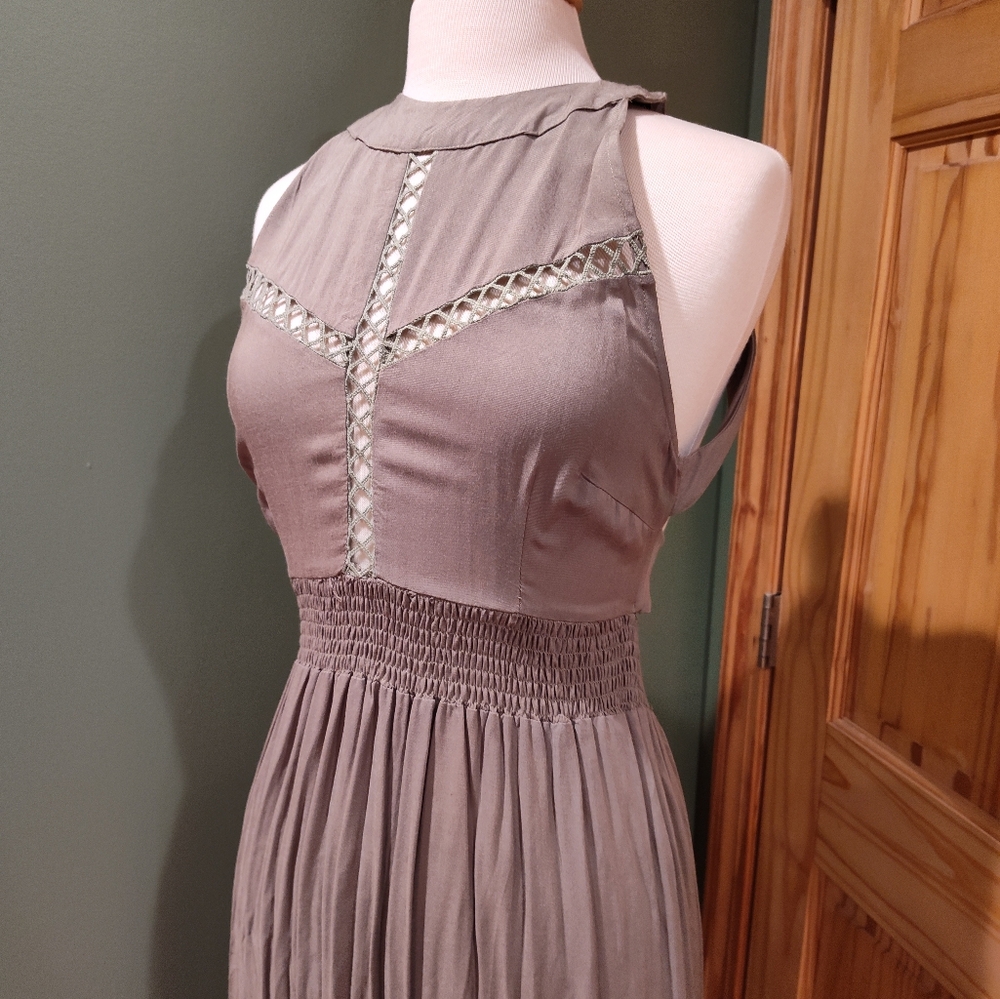 Simplee Olive Drab Green Peek A Boo Panels Halter Crochet Lace Maxi Dress